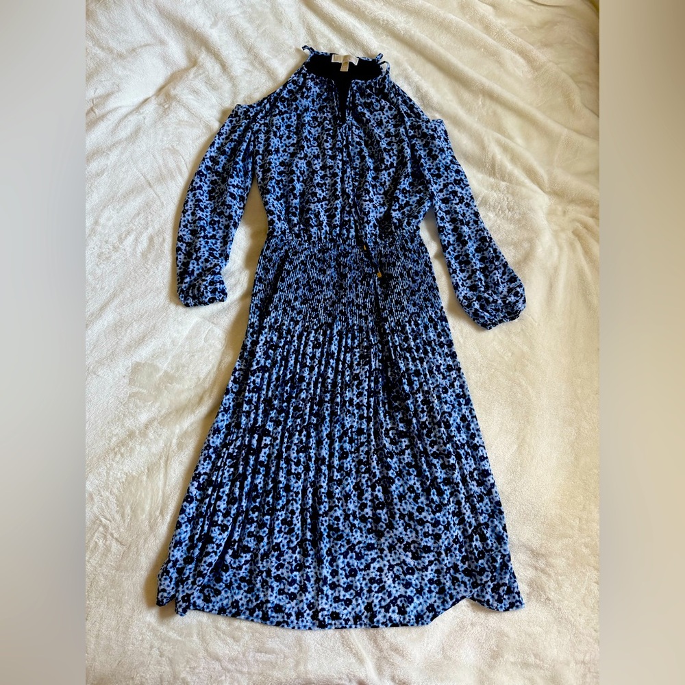 Michael Kors Long Sleeve Floral Dress in Blue and Black